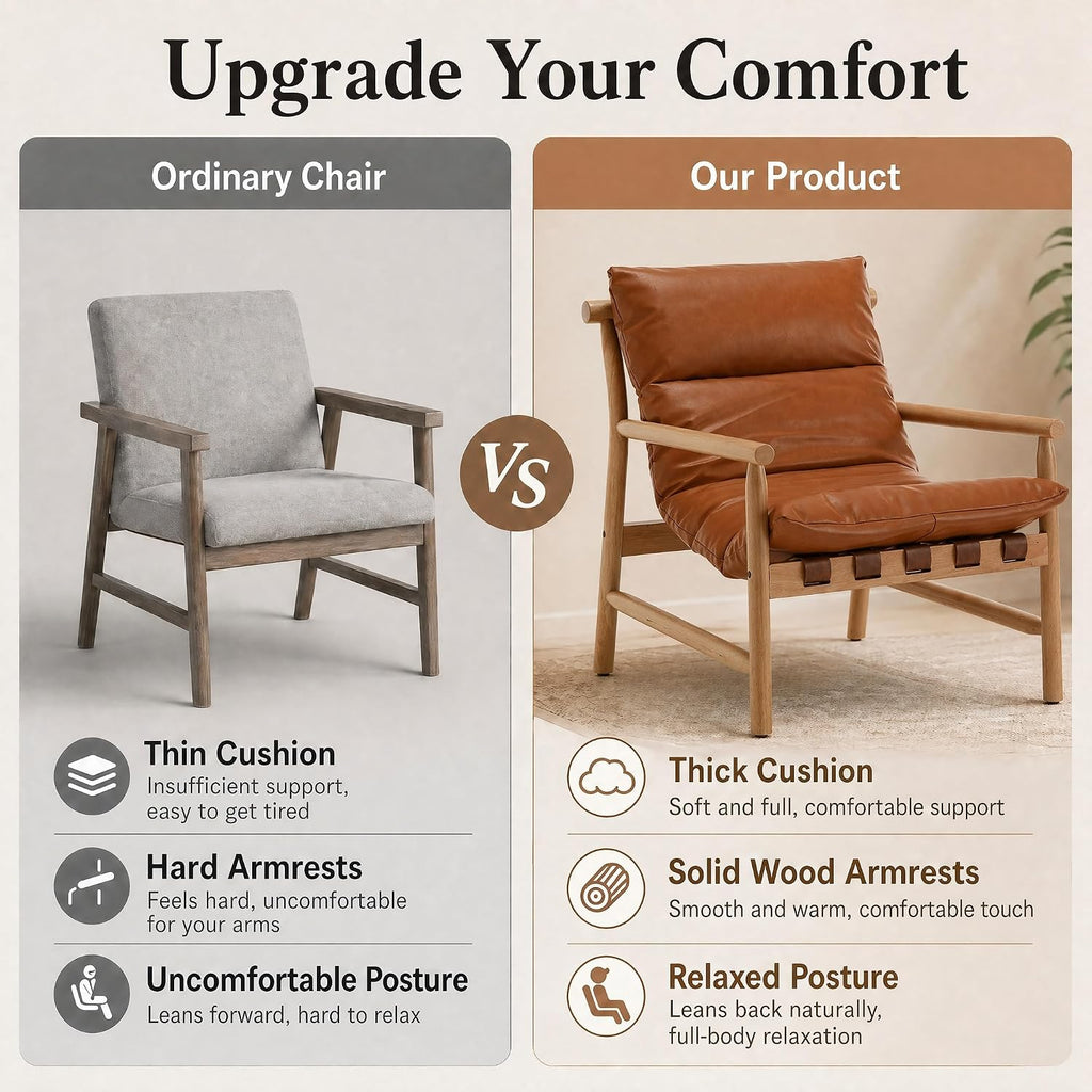 Faux Leather Accent Chair Mid Century Modern Living Room Chairs Comfy Arm Chair with Solid Wood Frame Upholstered