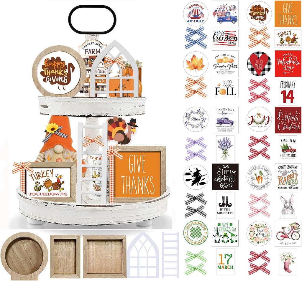 10themes Interchangeable Seasonal Rustic Farmhouse Fall Tiered Tray Decor