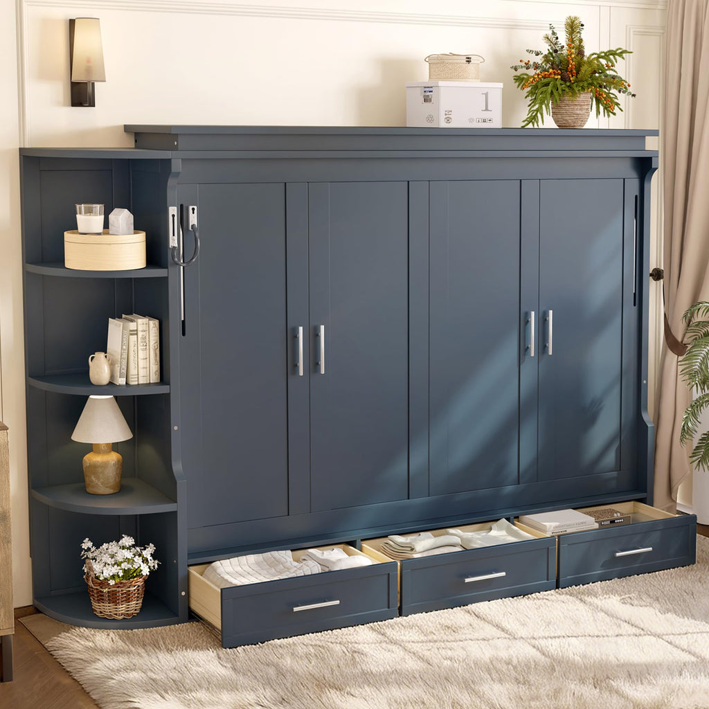 Full Size Horizontal Cabinet Murphy Bed with Side Cabinets, Blue
