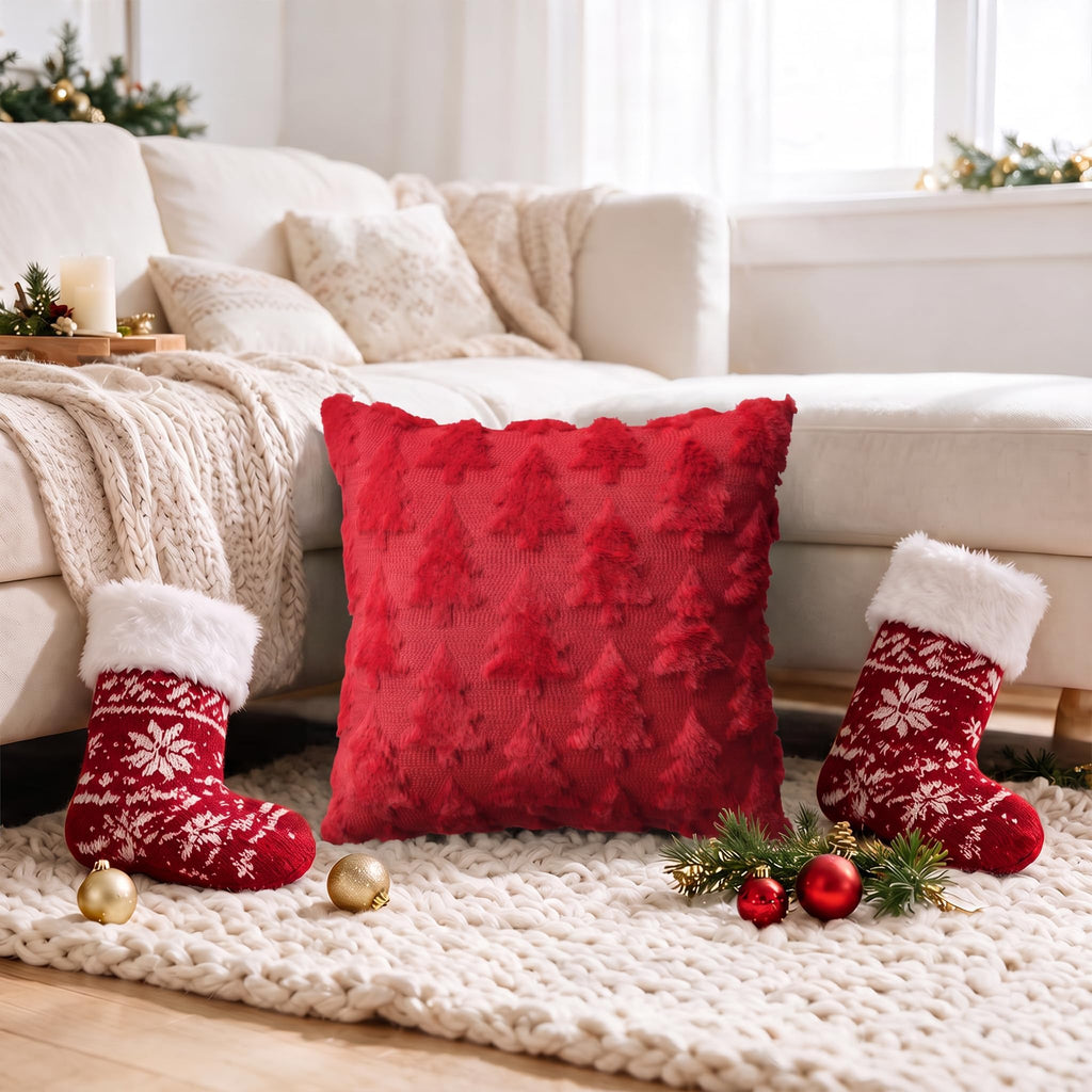 Christmas Tree Red Green Throw Pillow Covers Set of 4, 18 x 18 Inch Soft Plush Faux Fur Jacquard Festivals Winter