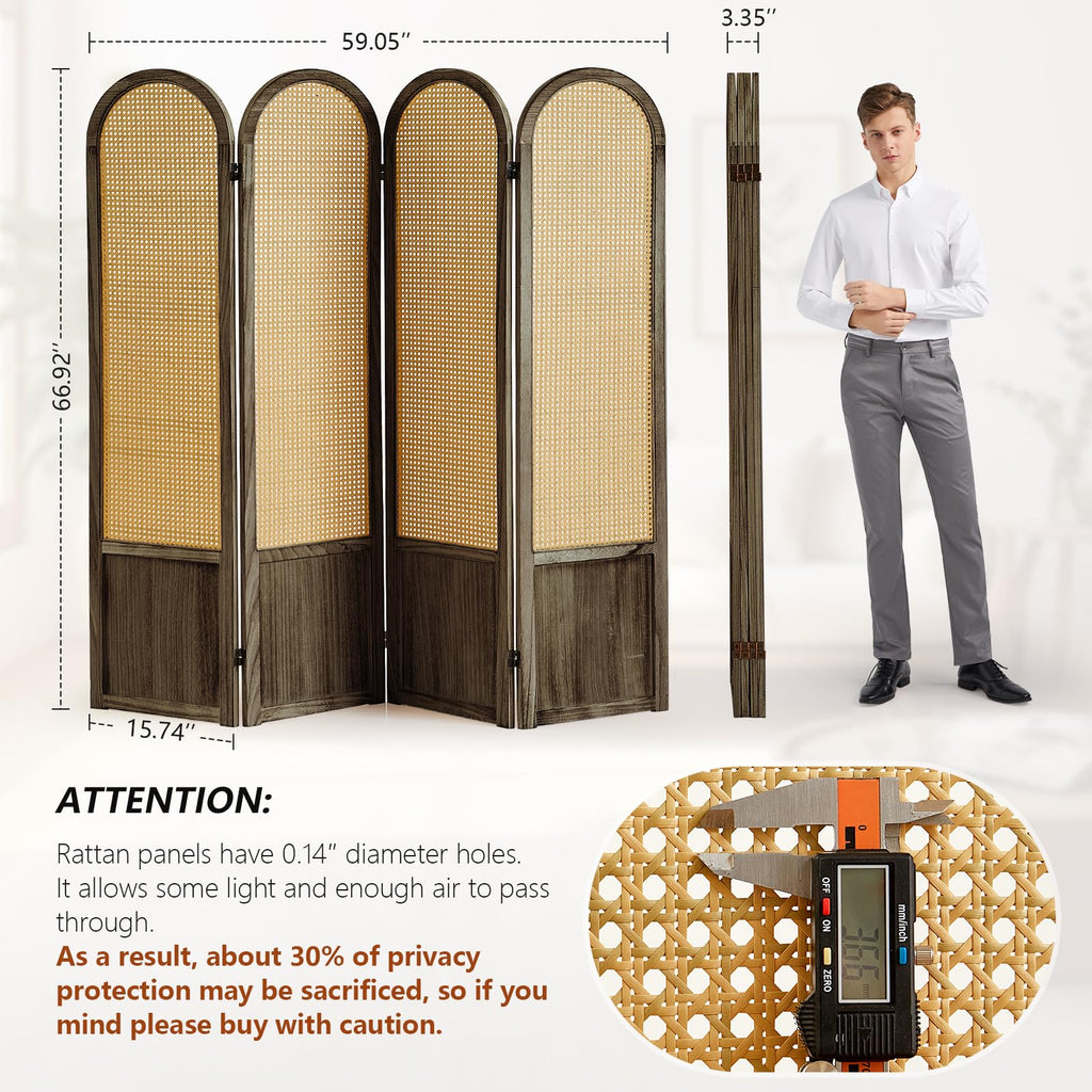 4 Panel Rattan Room Divider Screen, Boho Folding Privacy Screen