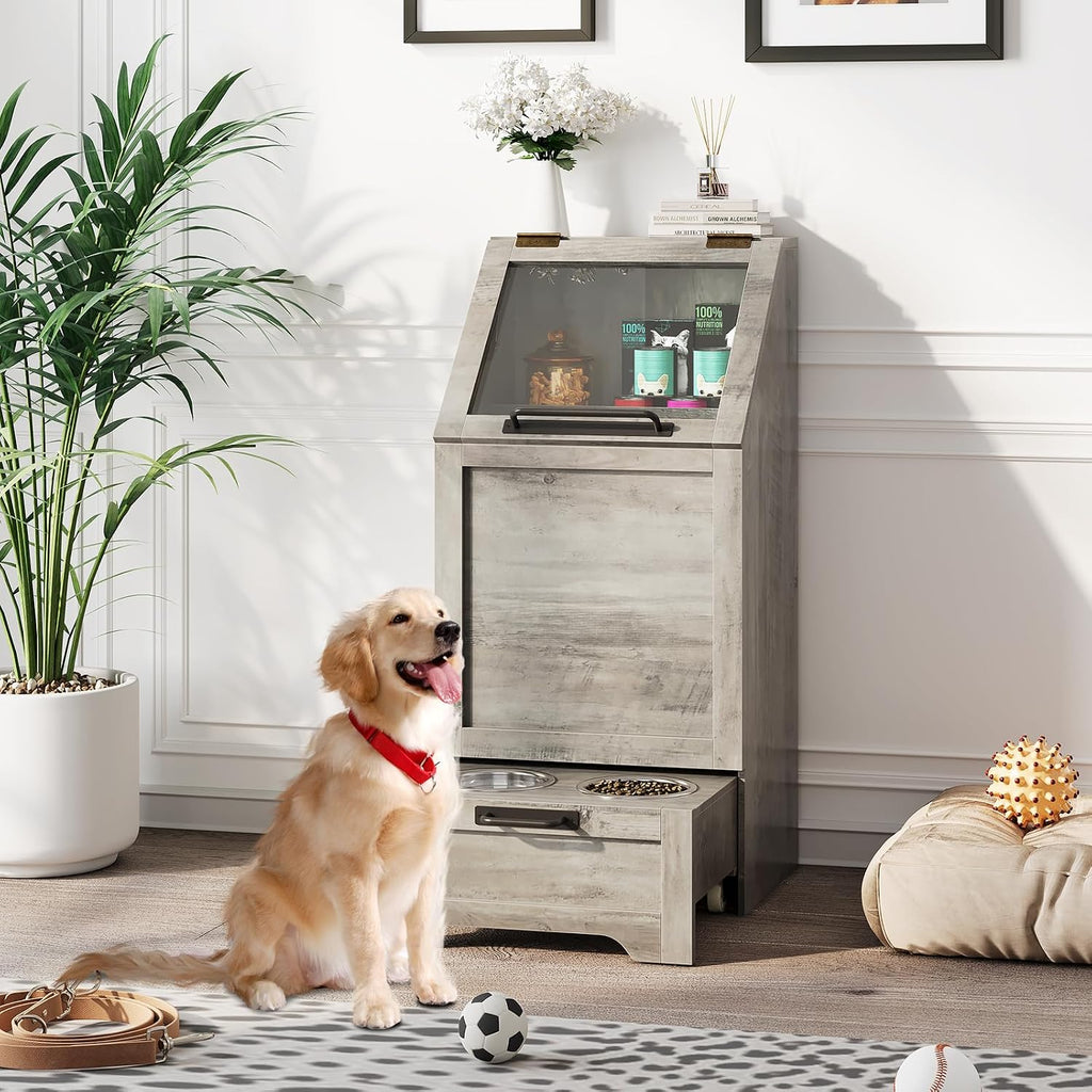 Dog Feeding Station with 2 Elevated Bowls, Grey