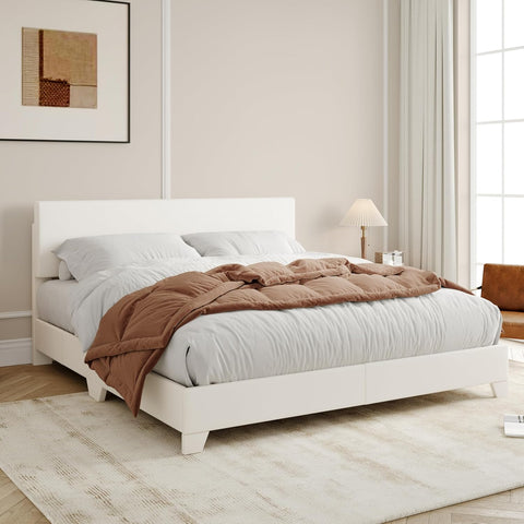Full Bed Frame with Adjustable Headboard, Faux Leather Platform Bed with Wood Slats, Heavy Duty Mattress Foundation