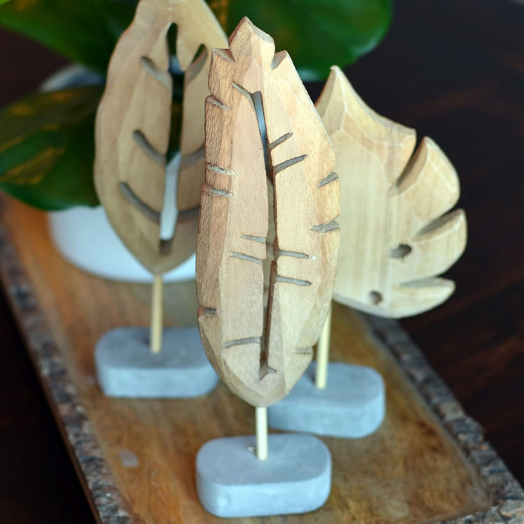 Modernist Leaf Figurines, Set of 3, Hand Carved, Solid Wood, Post Mounted, Grey Gallery Base, 7.75 Inches Each