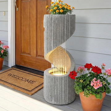 Modern S-Shaped Outdoor Fountain with LED Light, 30" Tall Spiral Column Waterfall Feature with Flat Top for Plant