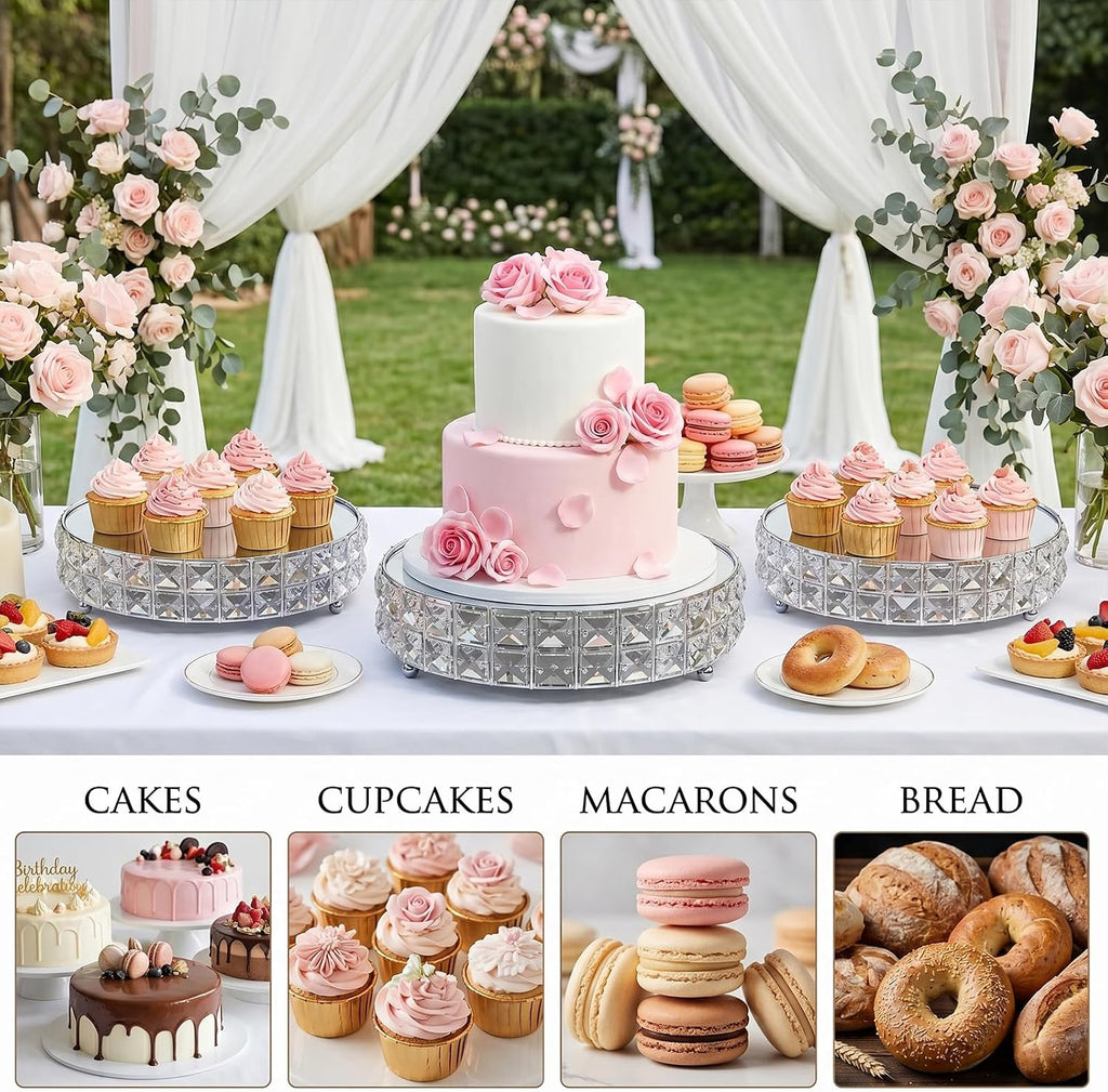Silver Crystal Cake Stand Set with Mirror Top, 10" & 12" Round Metal Dessert Pedestal with Shining Crystal - Set of 2