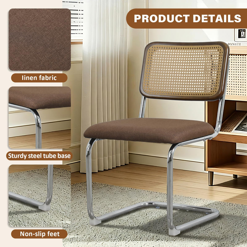 Rattan Dining Chairs Set of 2, Linen Cesca Chair Kitchen Chair, Coffee2