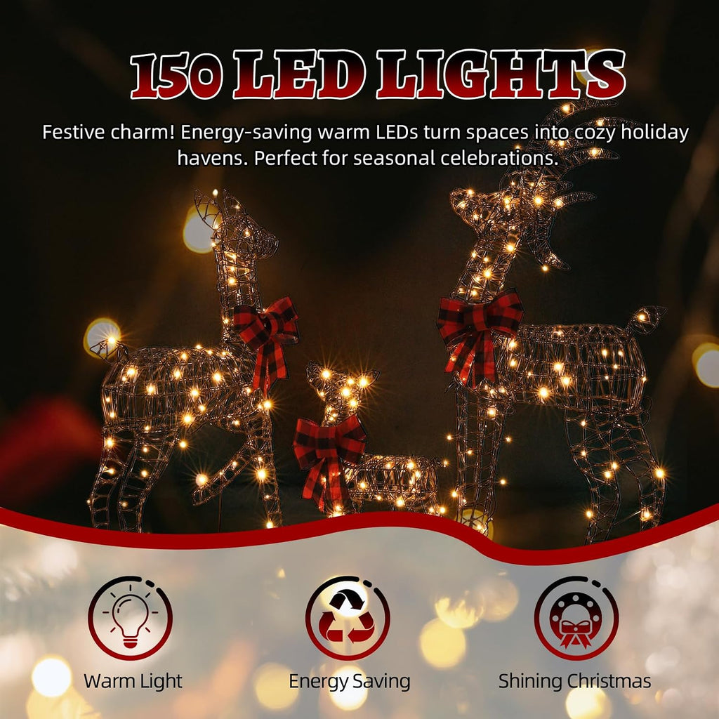 3 Piece 2D Lighted Christmas Deer Family Set,LED Lights,Stakes,Zip Ties