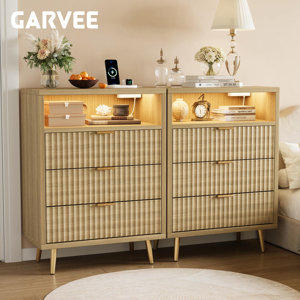 28"W 3 Drawers Dresser with LED and Charging Station, Oak