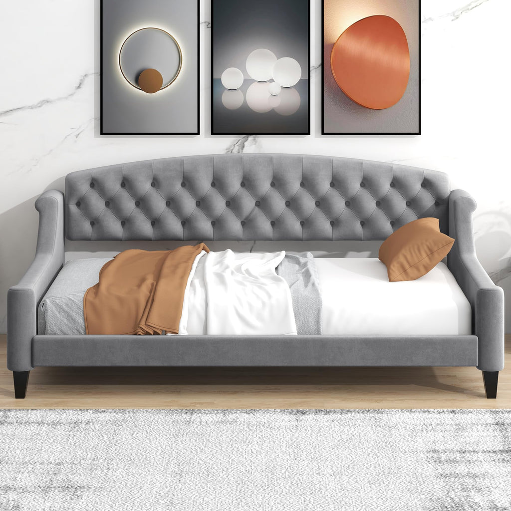 Twin Daybed, Twin Size Luxury Tufted Button Daybed, Upholstered Twin Daybed Frame, Sofa Bed Living Room, Grey