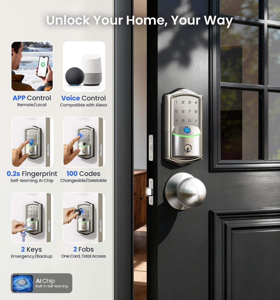 WiFi Smart Deadbolt Locks with 2 Knobs Set, Satin Nickel
