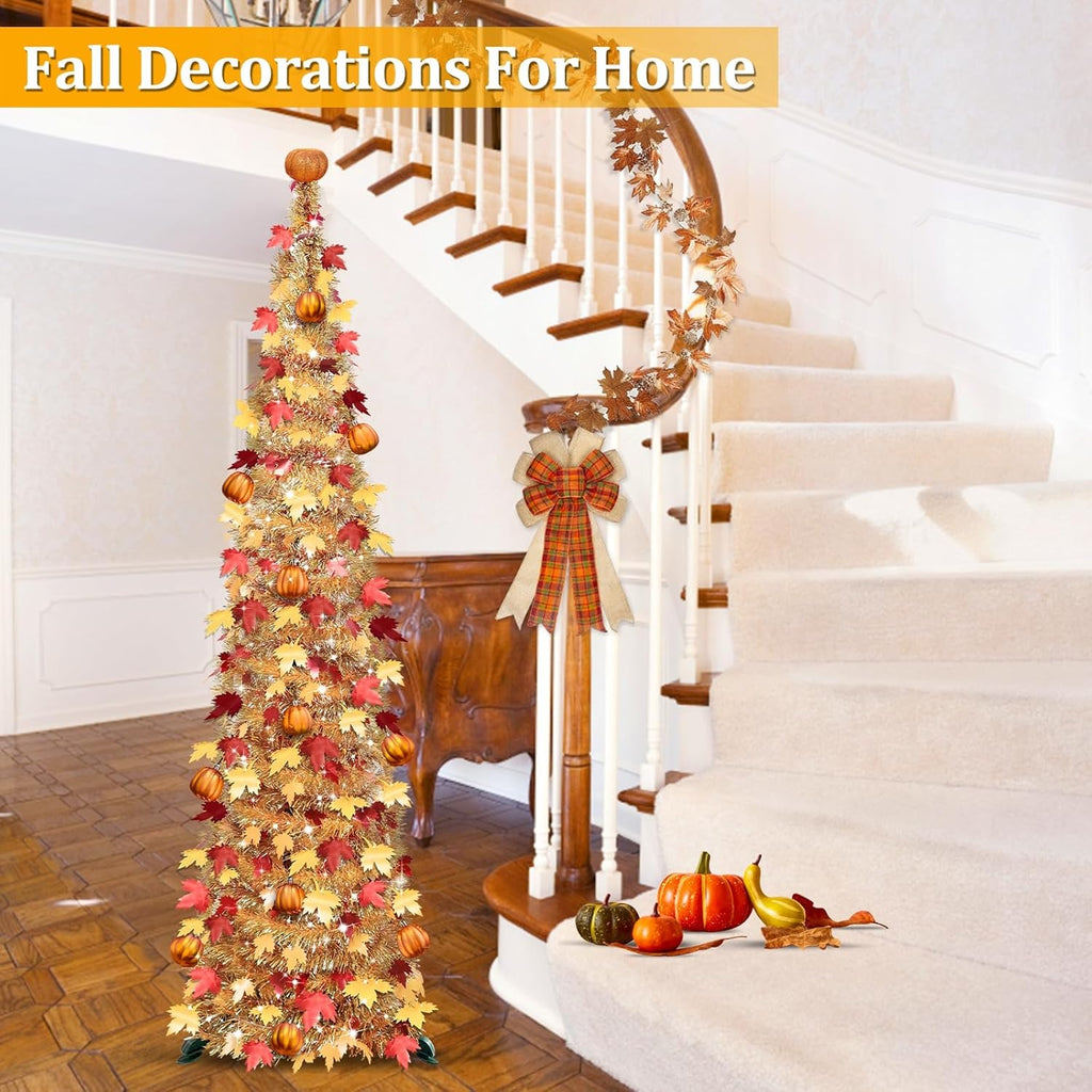 5 FT Fall Tree Fall Decor, Tinsel Maples Tree with 50 Warm White Lights