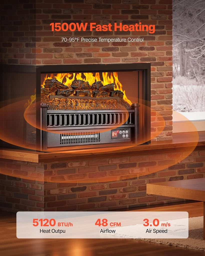 20 Inch Electric Fireplace Log Heater Insert with Remote Control, Adjustable Flame Brightness, Thermostat, Timer, Overheat Protection
