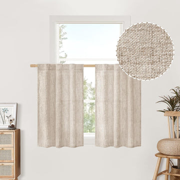 Short Linen Curtains Over Sink, Rod Pocket Textured Window Drapes Light Filtering Semi Sheer Cafe - Set of 2