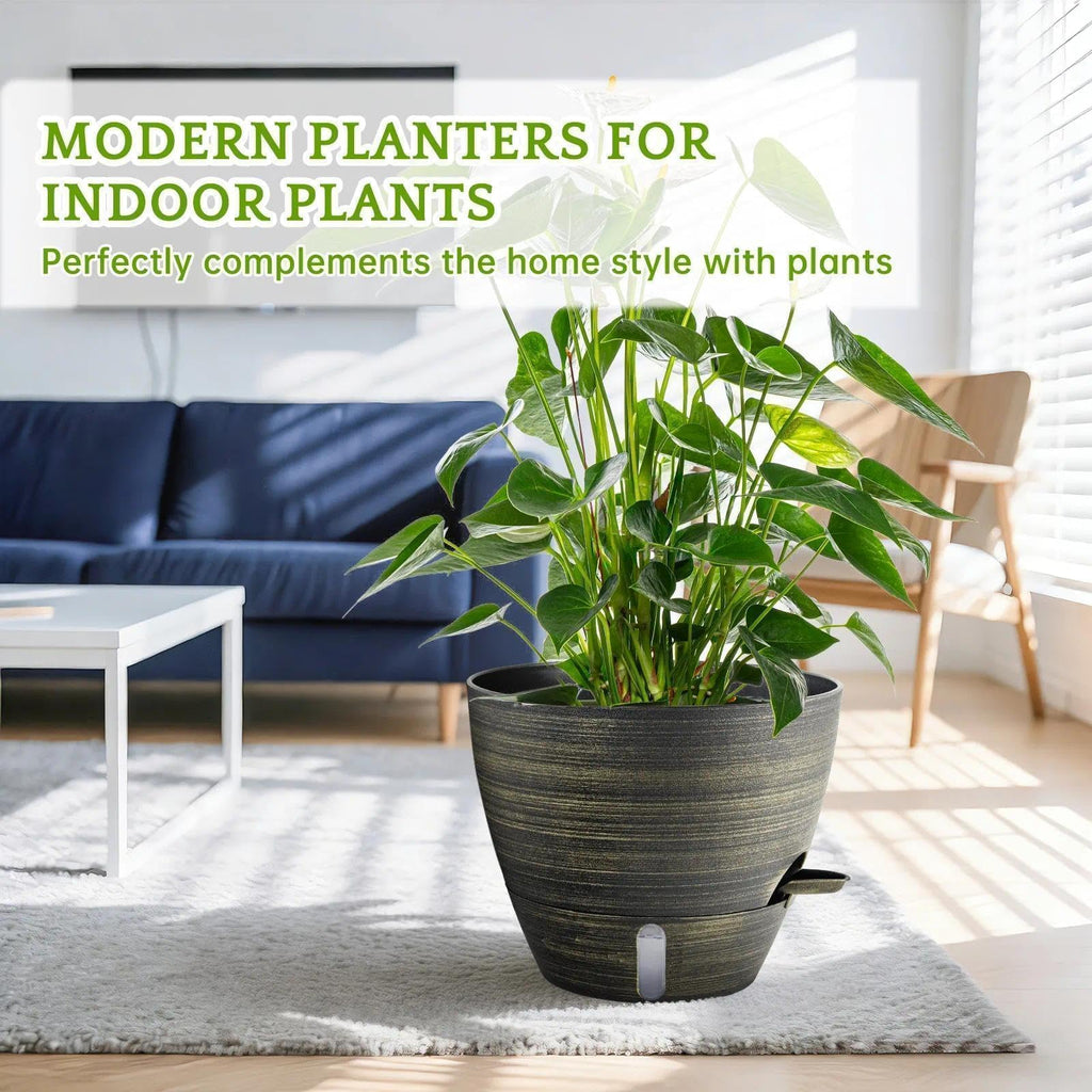 12/10/8 in Self Watering Pots for Indoor/Outdoor Plants, Gold Bronze Large Plastic Planter with Water Level