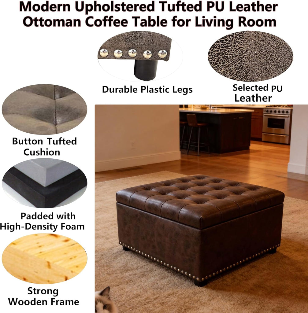 Brown PU Leather Large Square Storage Ottoman with Nailhead Trim ,30" Vintage Faux Leather Upholstered Ottoman Coffee