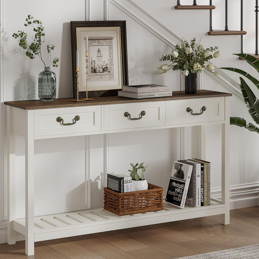 53" Farmhouse Entryway Table with 3 Drawers and Storage Shelf