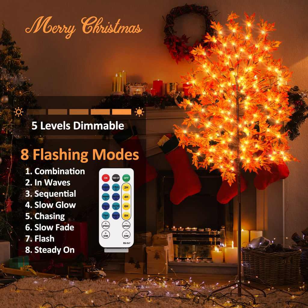 6FT Maple Tree Light - Thanksgiving Decor Artificial Tree with Pumpkins, Acorns, Remote 8 Flashing Modes