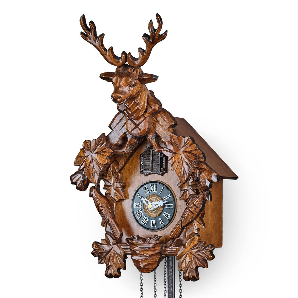 Cuckoo Clock with Automatic Night Mode, Quartz Movement and Carved Deer Head (Brown)