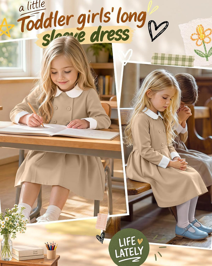 Girls' Long Sleeve School Uniform Pleated Dress