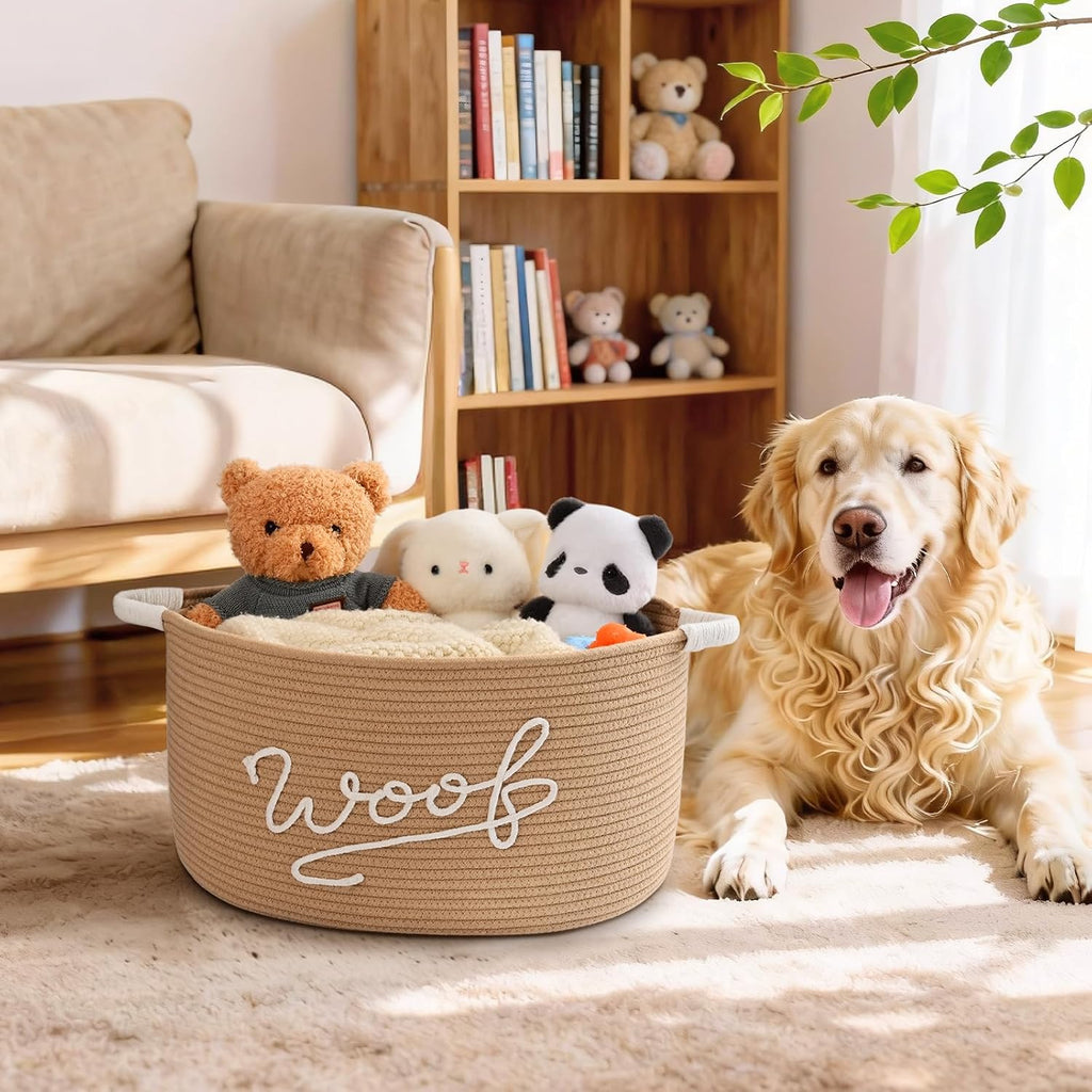 Woof Dog Toy Basket, Large Dog Toy Storage Bin with Durable Handles, Woven Dog Basket for Blankets, Toys, Chews, Pet