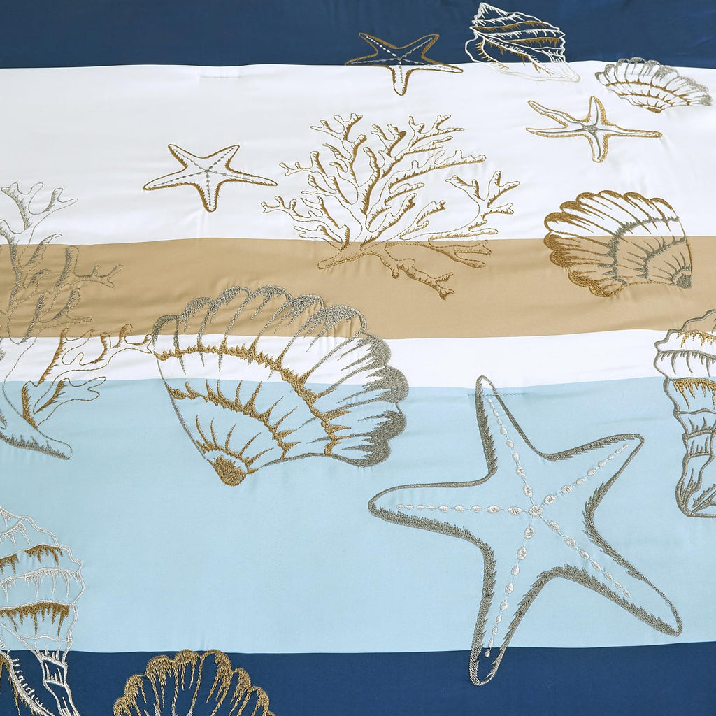 Blue and Navy Comforter Set - Coastal Beach Seashell and Starfish Embroidery Color Block Striped Bedding Set