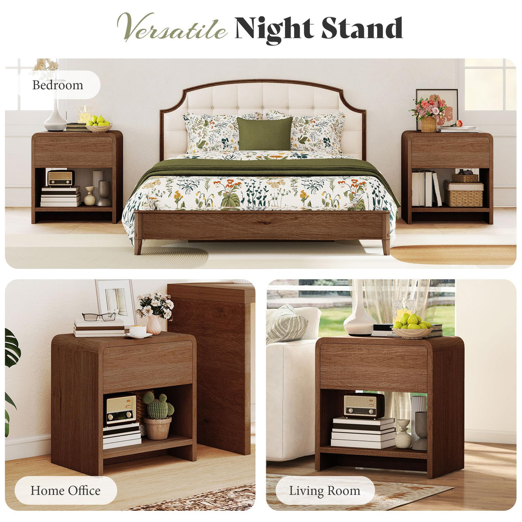 Nightstands Set of 2 with Storage Drawer & Shelves, Walnut