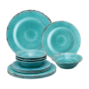 12-Piece Melamine Dinnerware Set, Includes Dinner Plates, Salad Plates, Bowls, Service for 4. (Crackle, Turquoise)