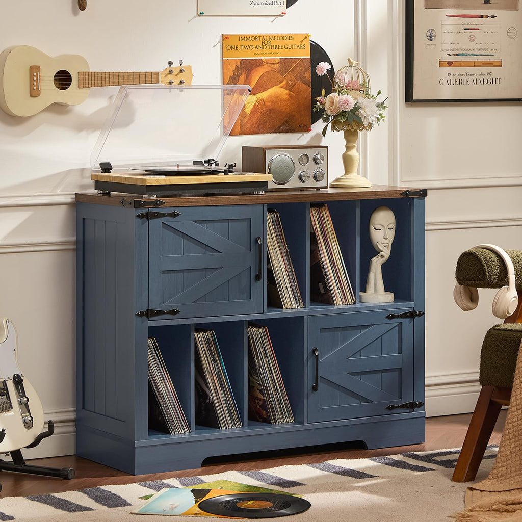 Large Record Player Stand with Vinyl Storage Up to 450 Albums, 39 Inch Farmhouse Wood Navy Blue Vinyl Records Storage