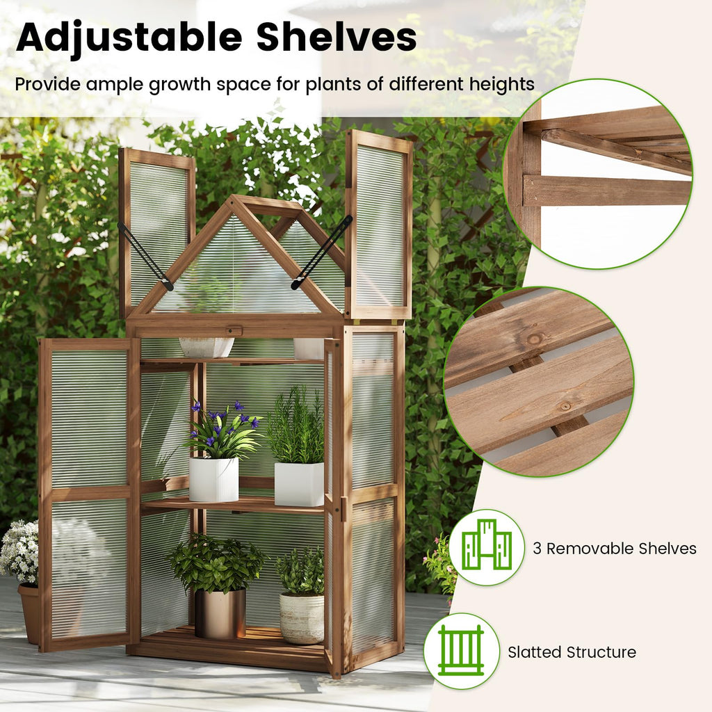 Cold Frame, Mini Wooden Green House w/Transparent Openable Roof