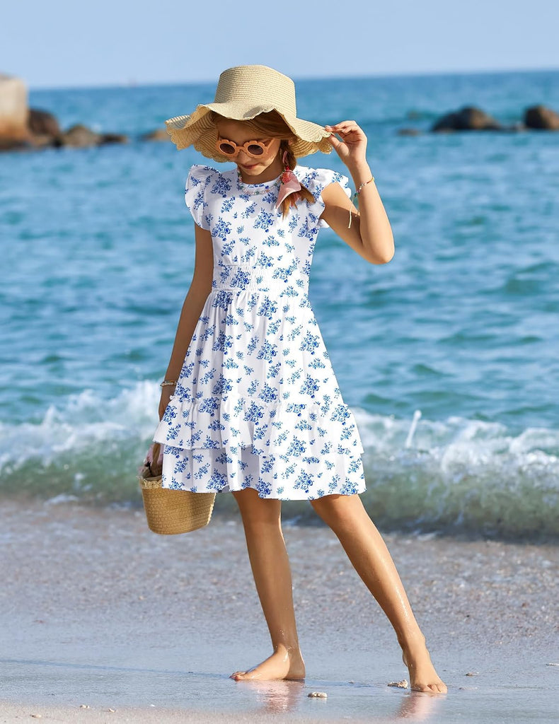 Girls Dresses Flutter Sleeve A-Line Sundress Casual Summer Tiered Swing Midi Pocket Dress