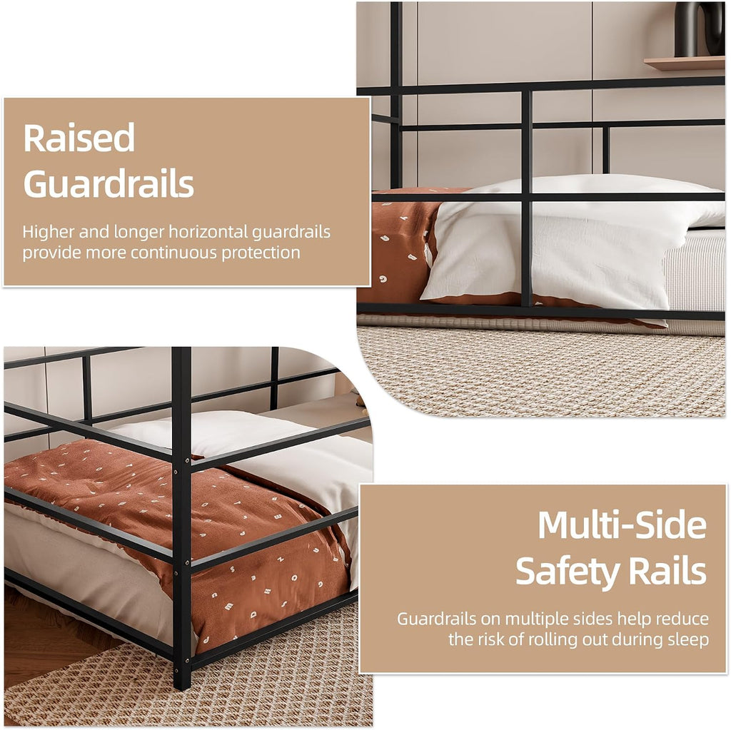 Montessori Bed Metal with Guardrails & Built-in Clothing Rack, No Box Spring Required, Black