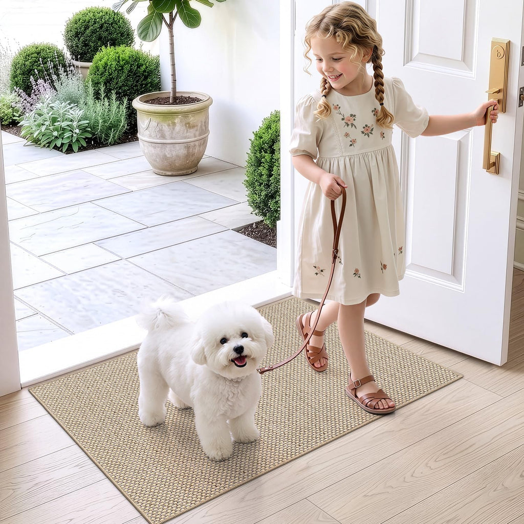 Thin Door Mat Indoor Entrance 24x36, Non Slip Entryway Mat, Beige | Low Profile Front Doormat, Dirt-Trapping &