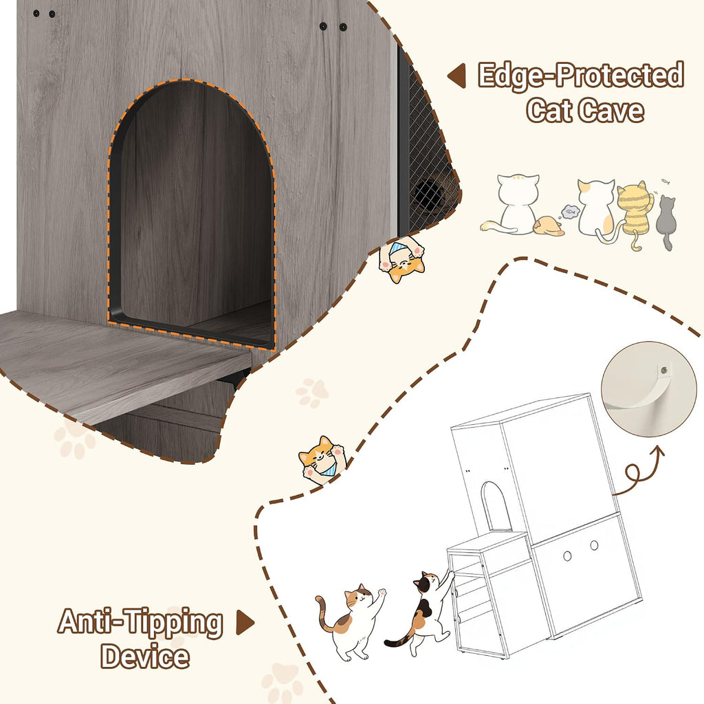 Double Cat Litter Box Enclosure Furniture with Doors - Hidden Storage, Ladder, Hammock, Metal Mesh - Multifunctional