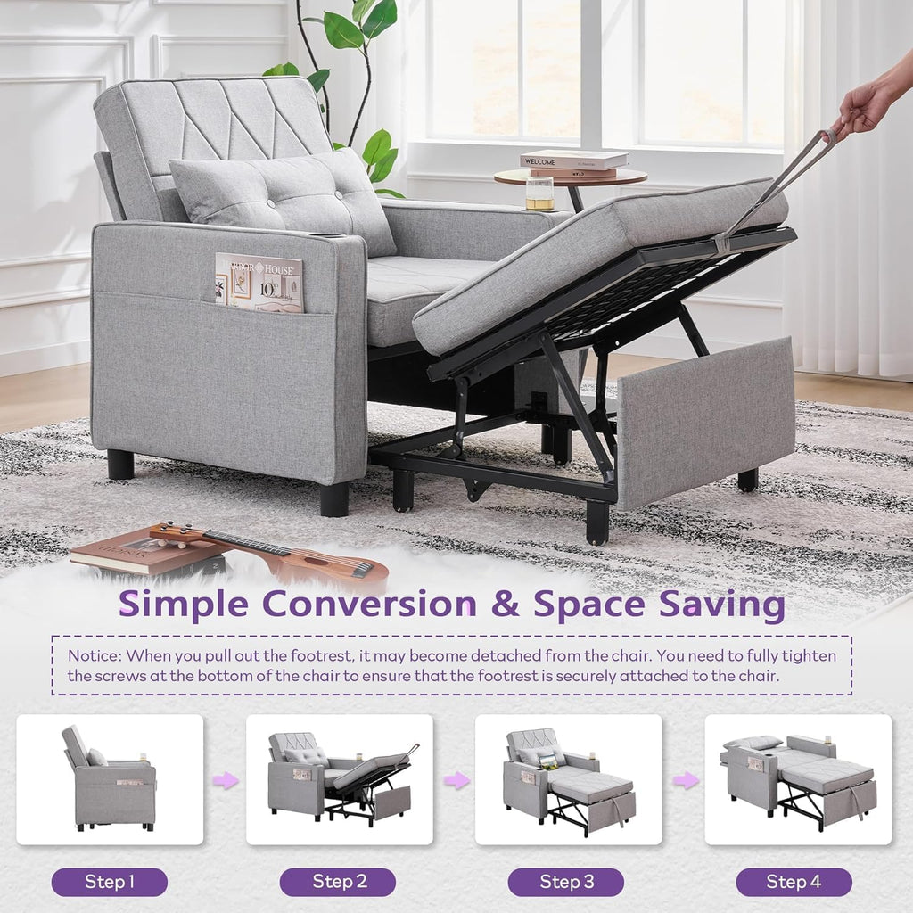 Convertible Sleeper Chair for Adults, Single Pull Out Couch Bed, Grey | , 3-in-1, USB/Type-C Ports, Cup Holders, Side