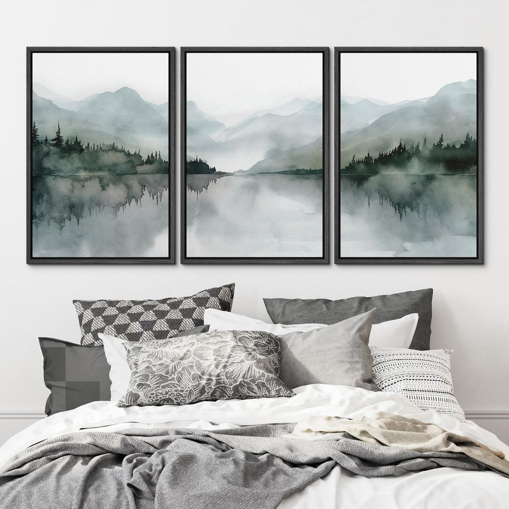 Framed Wall Art Print Set Misty Mountain Lake Watercolor Serene Illustrations Modern Art Boho Decorative Colorful