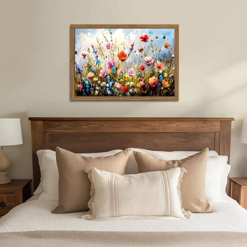 Framed Nature Floral Canvas Wall Art - Colorful Flowers Botanical Wall Decor, Floral Market Watercolour Pictures