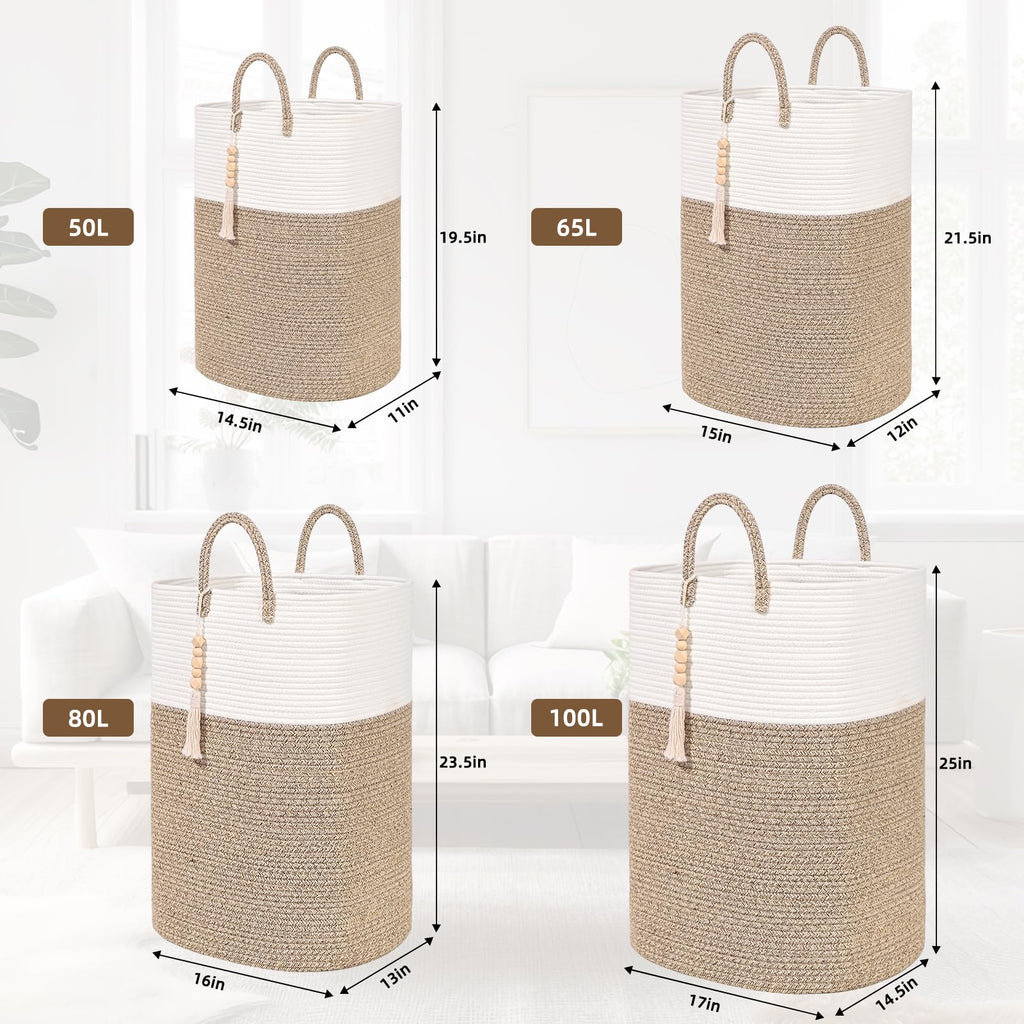 Woven Laundry Basket for Clothes, 80L Large Rectangle Laundry Hampers with Beads Tassel, Nursery Storage Basket for