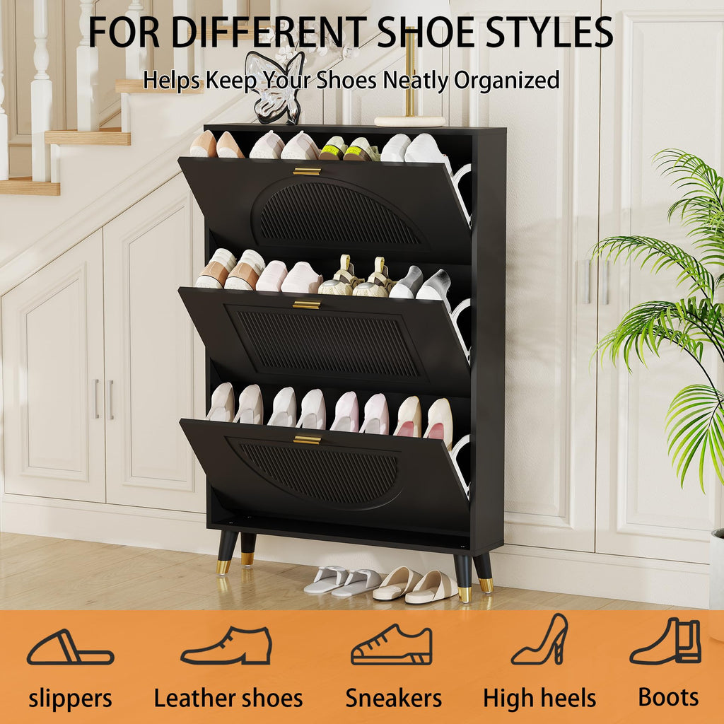 Black Narrow Shoe Cabinet Storage with 3 Flip Drawers