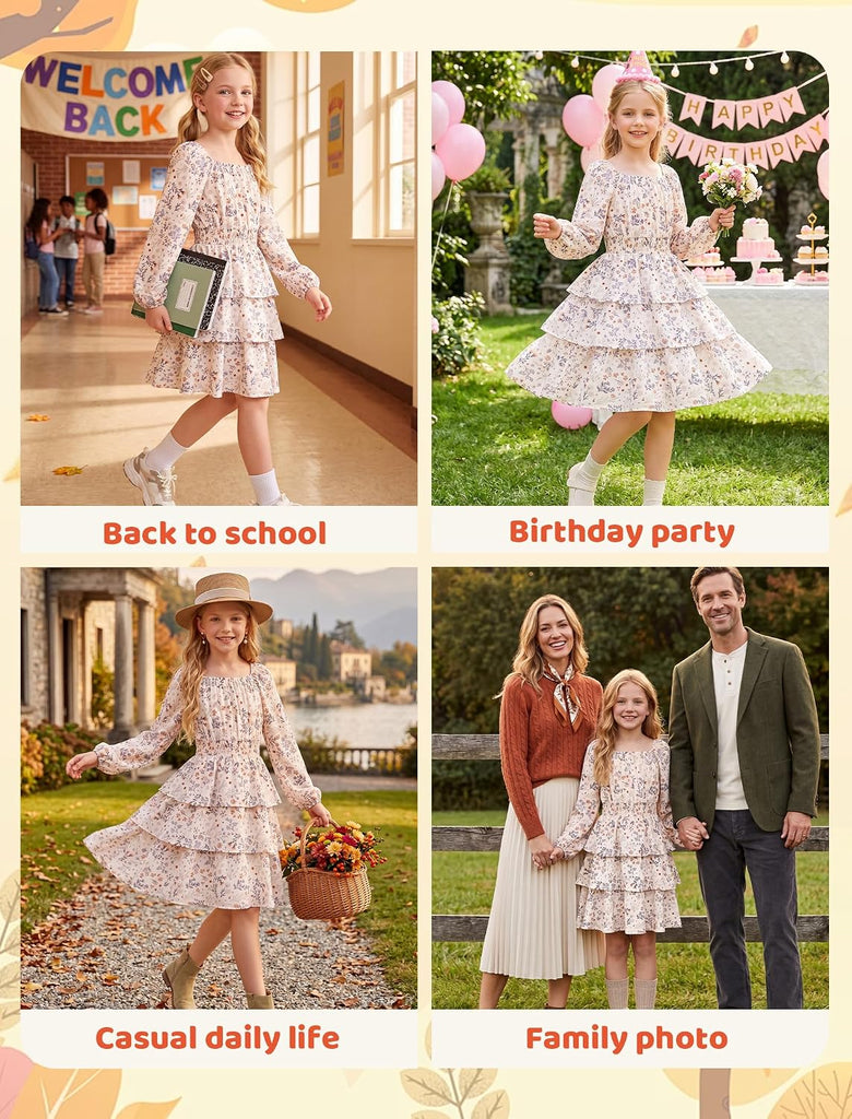 Girls Fall Long Sleeve Floral Dresses Smocked Waist Square Neck