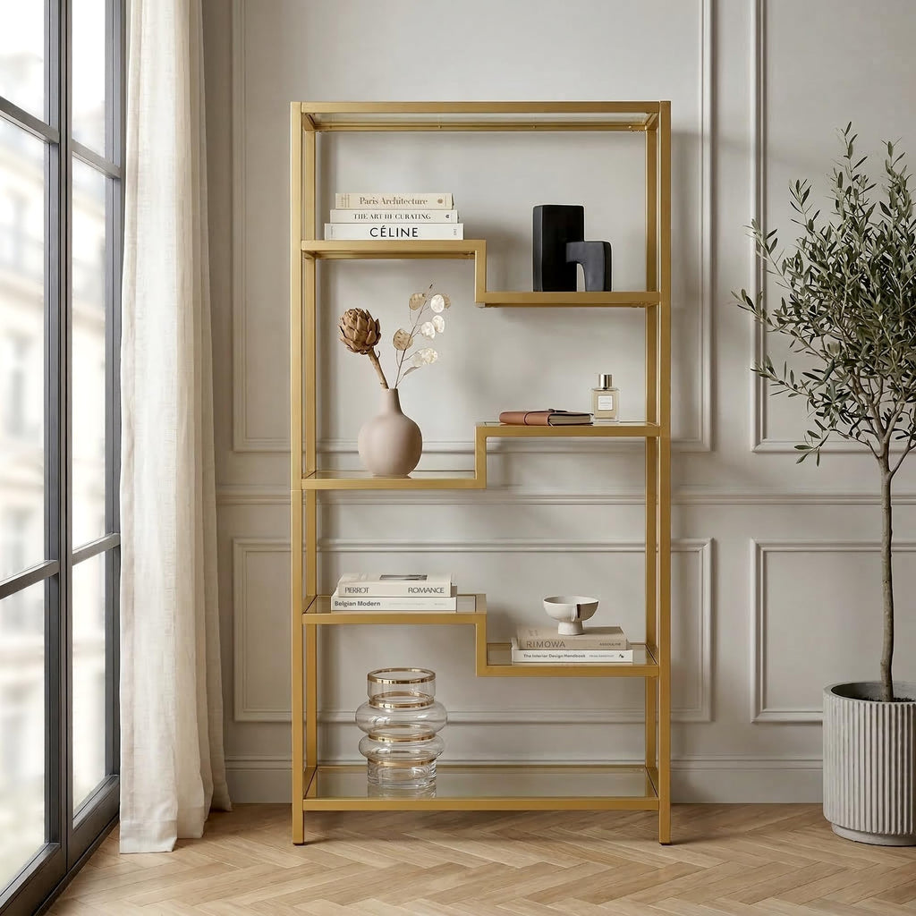68" 4-Tier Modern Bookcase with Glass Shelves, Gold