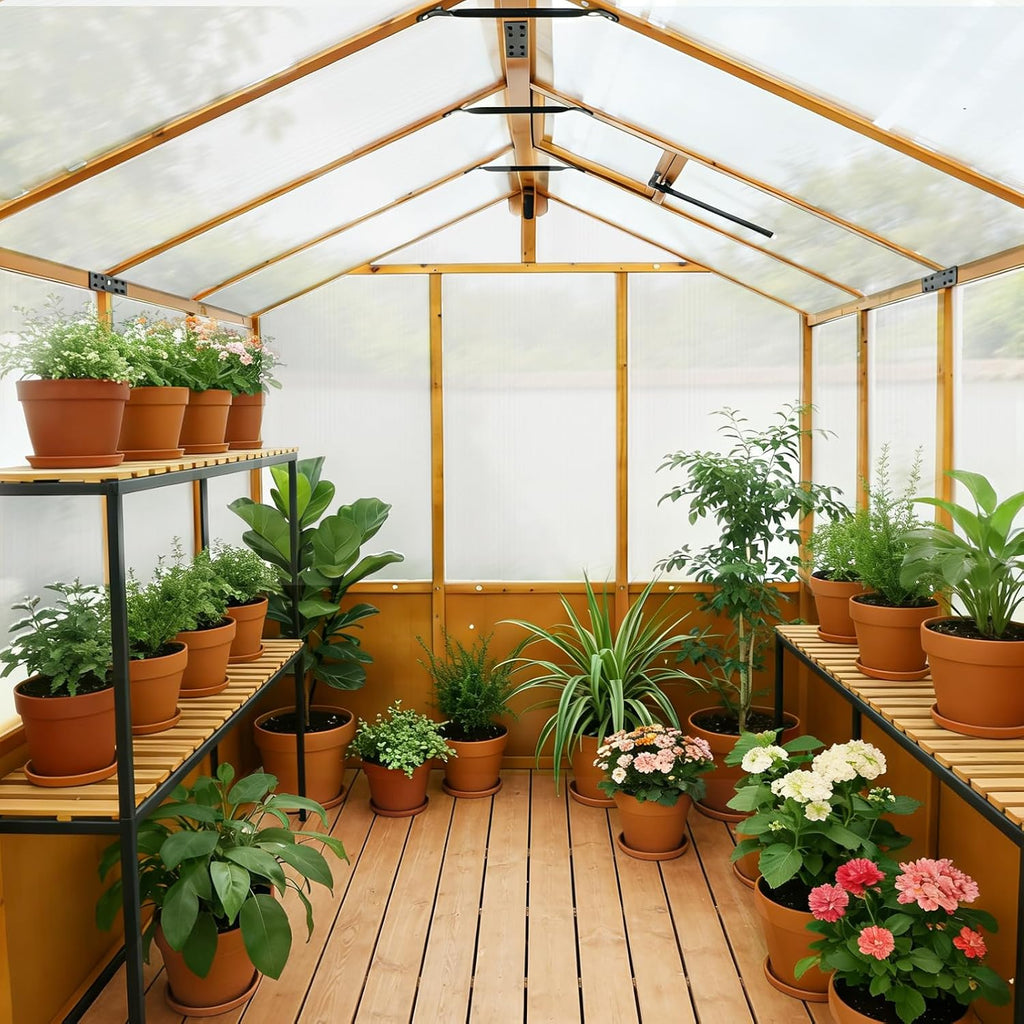 6x12ft Cedar Wood Greenhouse with Roof Vents, Outdoor Greenhouse Kit, Weather Resistant Plant Garden House, Natural
