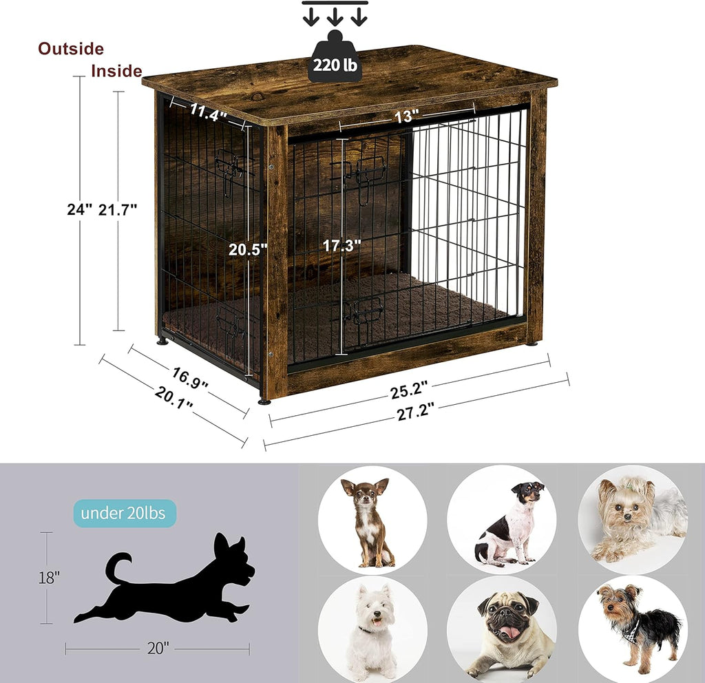 Dog Crate Furniture with Cushion, Wooden Kennel Table with Double Doors, Indoor Dog House