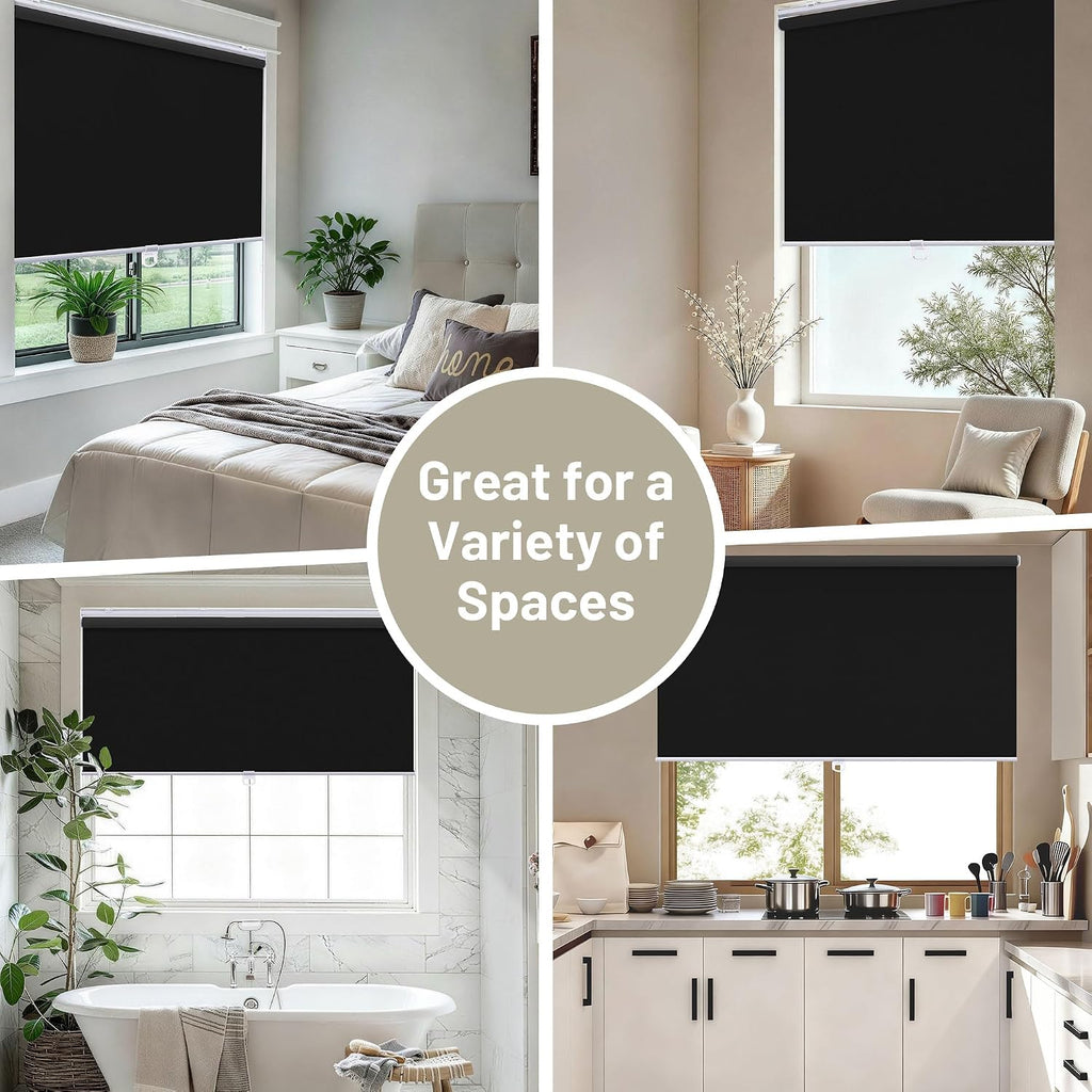Blackout Cordless Roller Shades Blinds, Black | Blackout Fabric UV Thermal Insulated,Spring System For Windows