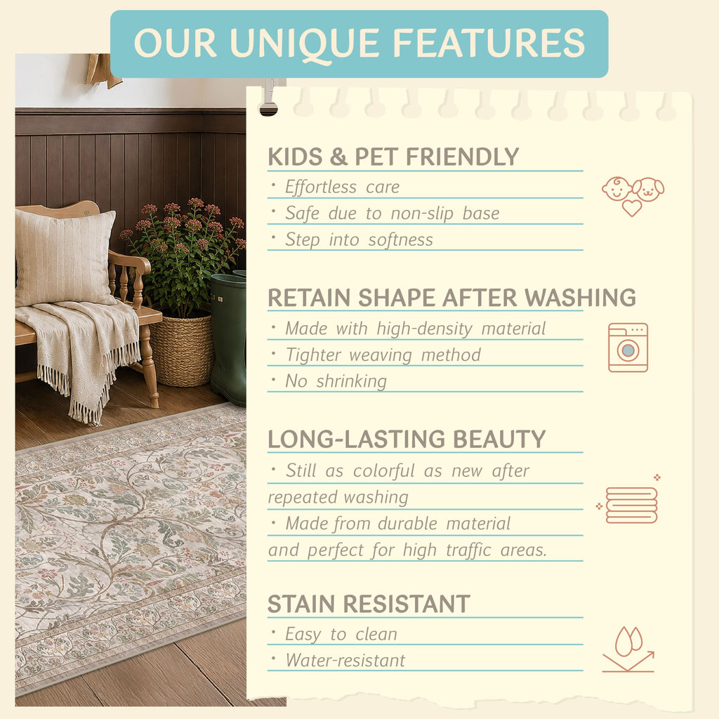 Moss Green 6x9 Area Rug Under Table, Machine Washable Low Pile Non-Slip Stain Resistant Living Room Bedroom Kitchen