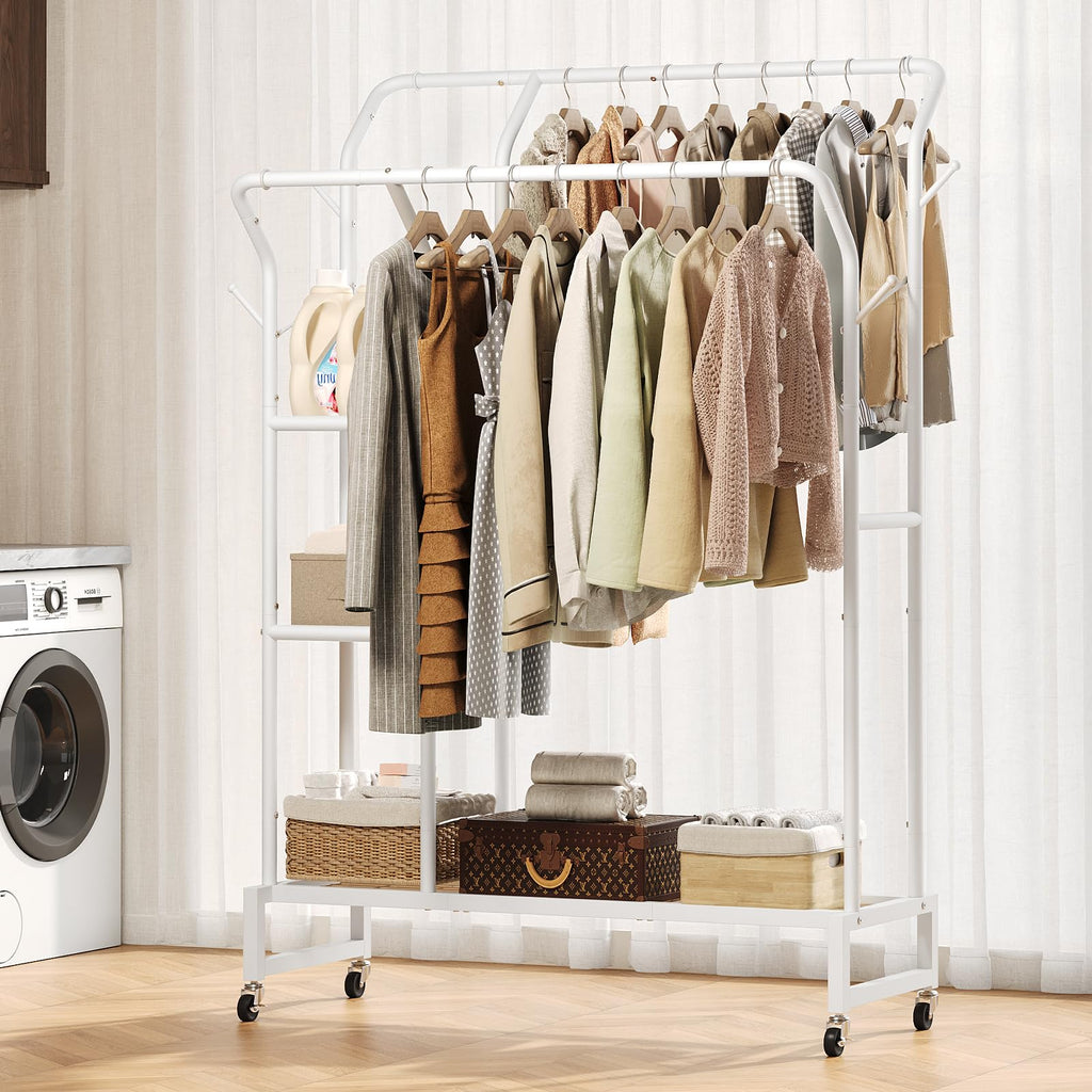 Double Rods Clothes Rack - Portable Clothing Rack with Wheels, Rolling Garment Rack with 3-Tier Shelves & 4 Hooks