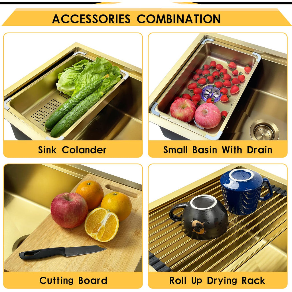 Gold 30x18 Stainless Steel Kitchen Sink Workstation, Undermount, Single Bowl