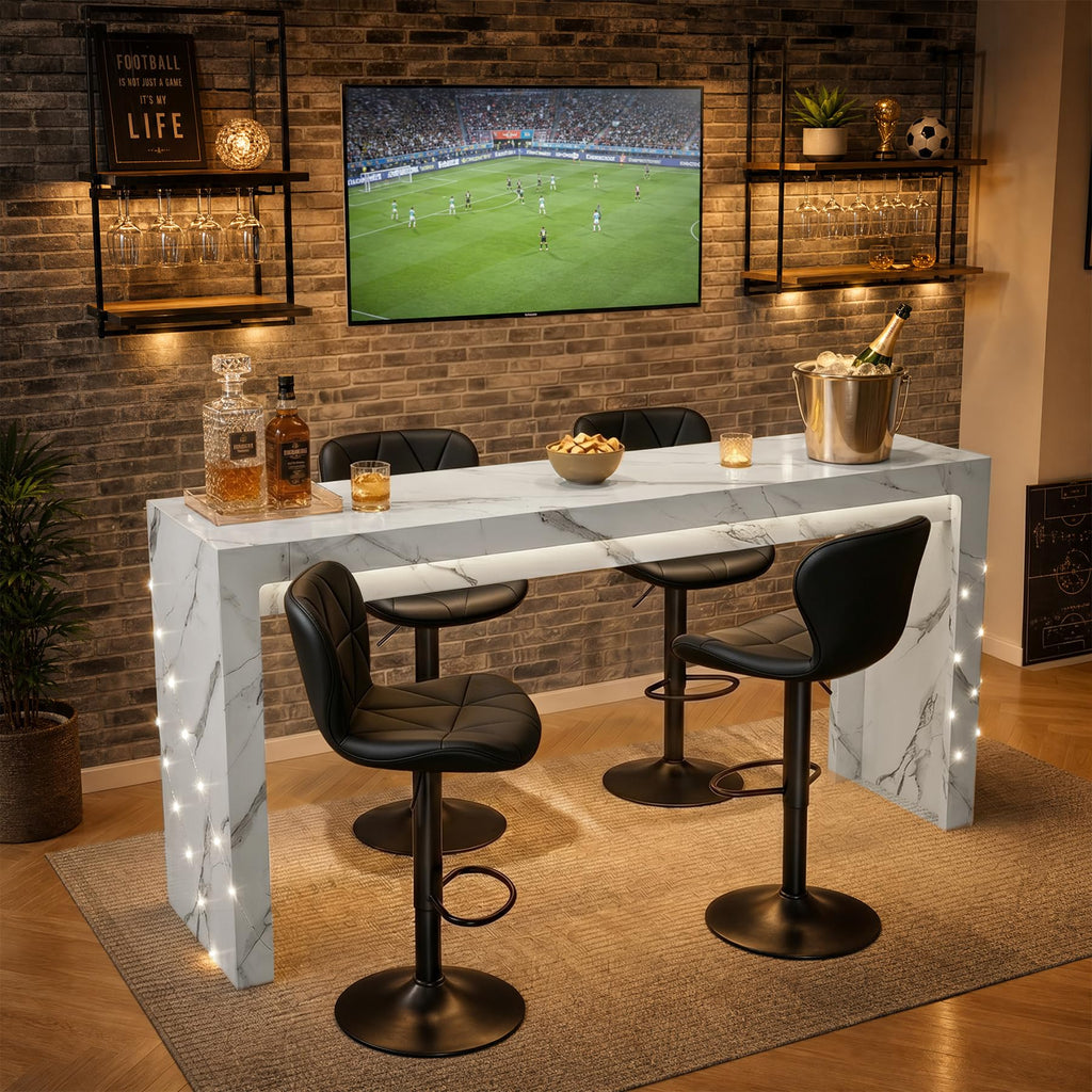 3-Piece Counter Height Bar Table Set, 55 Inch Marble Pub Dining Table & 2 White Swivel Adjustable Bar Stools, PU