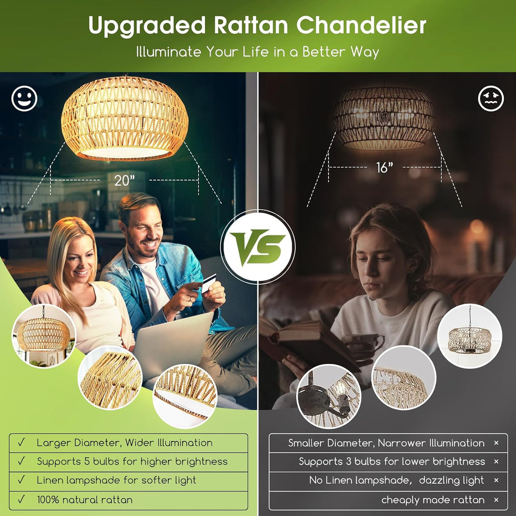 5-Lights Boho Rattan Chandelier for Dining Room, 19" Farmhouse Chandelier Light Fixtures with Fabric Shade, Large