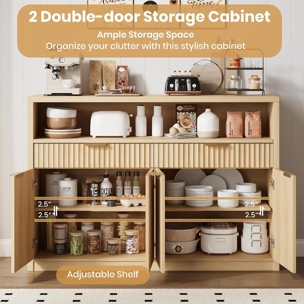 51" Buffet Sideboard Cabinet, Modern Hutch Storage Cabinets Natural | Fluted Pantry with Doors, Drawers & Open